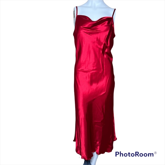Bebe Satin Cowl Neck Slip Midi Red Dress Sz M NWT